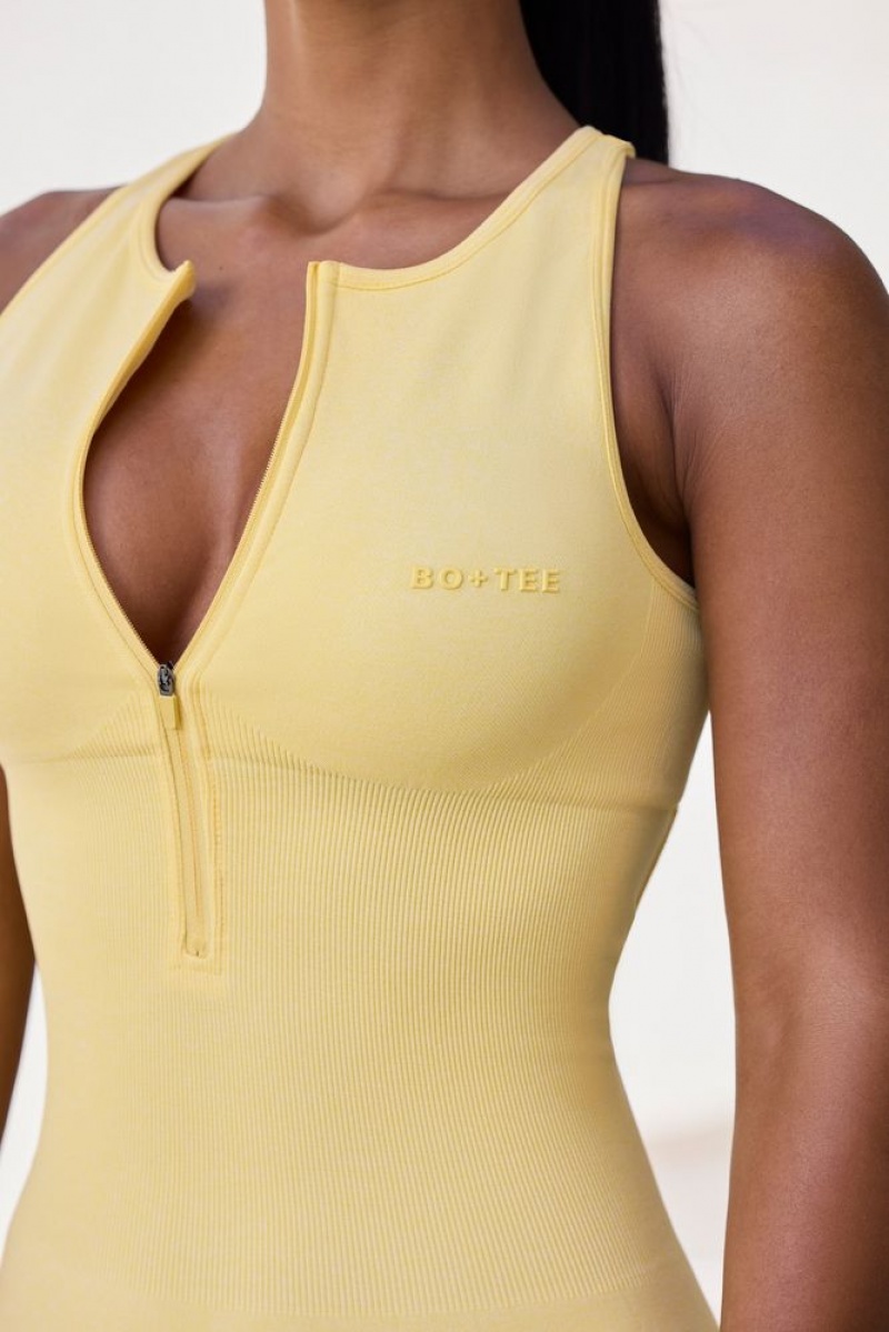 Oh Polly Velocity Petite Super Sculpt Seamless Zip Up Full Length Unitard Bo+Tee Unitards Soft Yellow | FZRD-23049