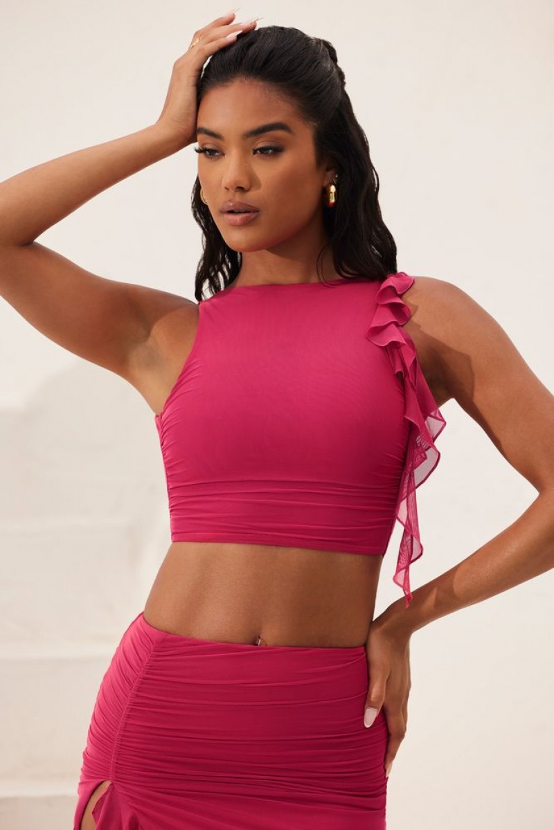 Oh Polly Verbena Open Back Ruched Ruffle Crop Top Womens Tops Fuchsia | MGPT-18245