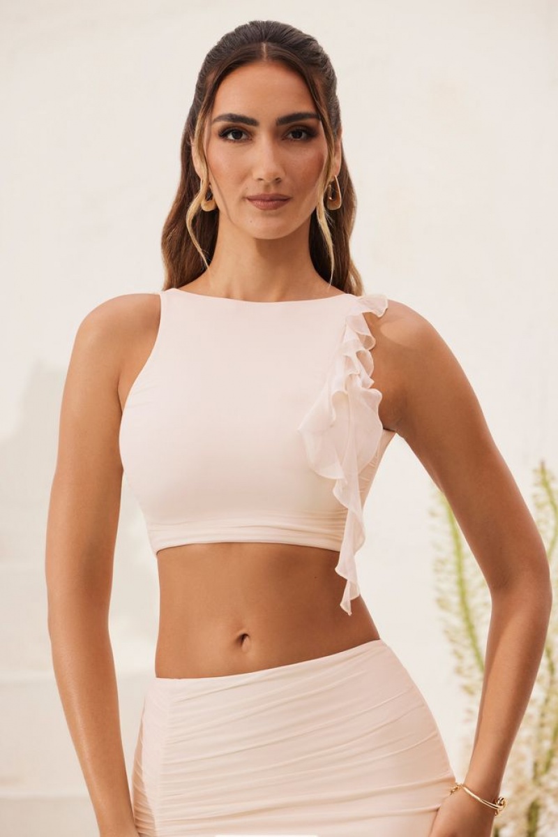 Oh Polly Verbena Open Back Ruched Ruffle Crop Top Womens Tops Ivory | AMZW-28364