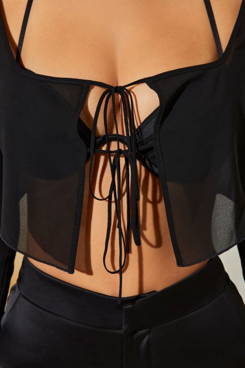 Oh Polly Veryan Long Sleeve Ruched Bralette with Sheer Overlay Womens Tops Black | VROB-82617