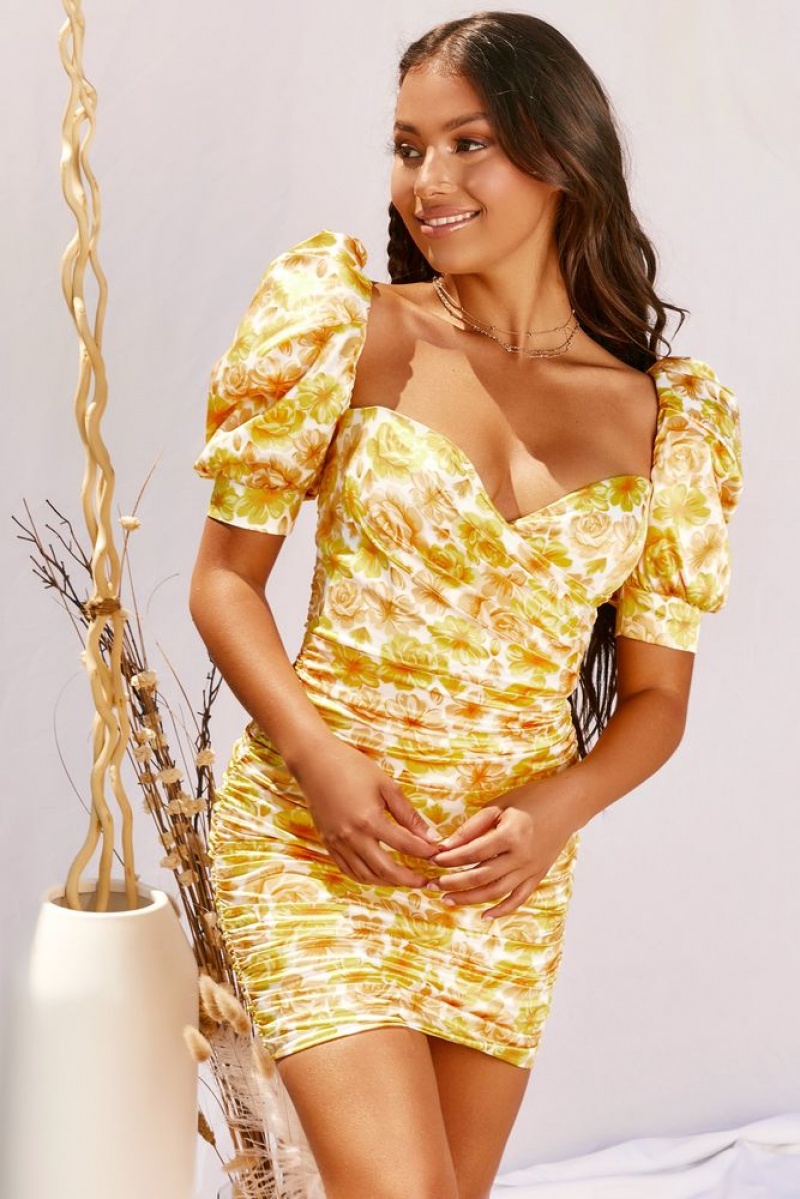 Oh Polly Where Love Grows Puff Sleeve Wrap Front Mini Dress Mini Dress Lemon | VXLK-37059