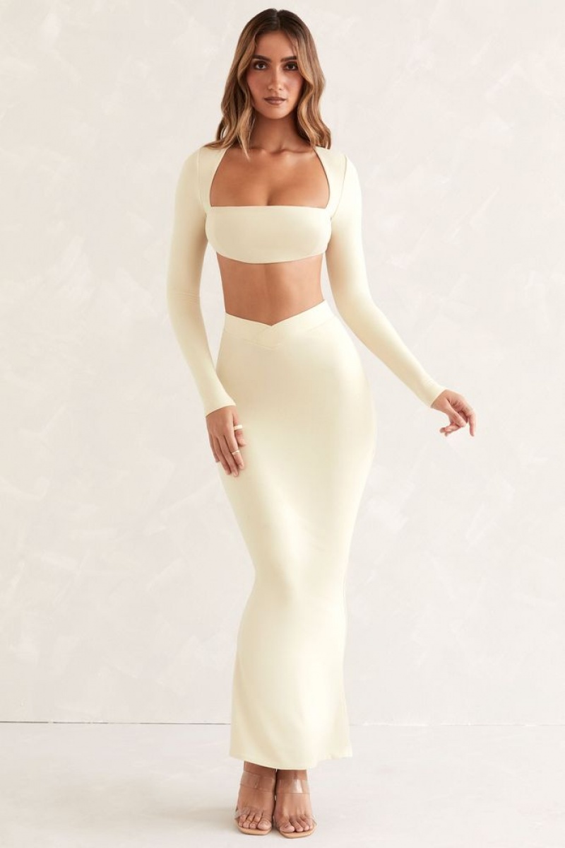 Oh Polly Willow Flared Hem Maxi Skirt Skirts Ivory | KYXE-24507