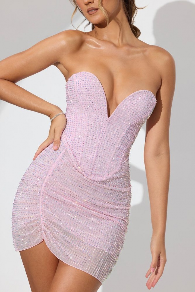 Oh Polly Xena Embellished Low Plunge Strapless Mini Dress Mini Dress Soft Pink | VKUQ-48297