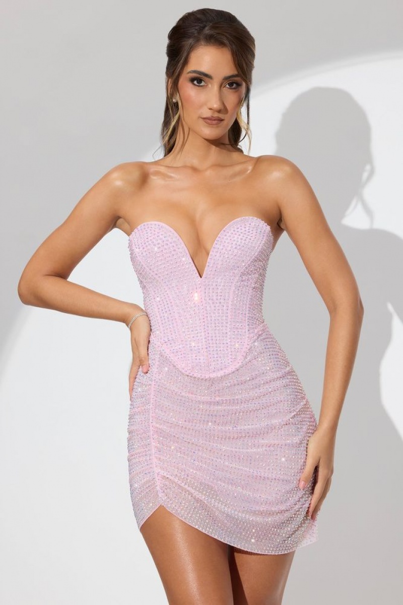 Oh Polly Xena Embellished Low Plunge Strapless Mini Dress Mini Dress Soft Pink | VKUQ-48297