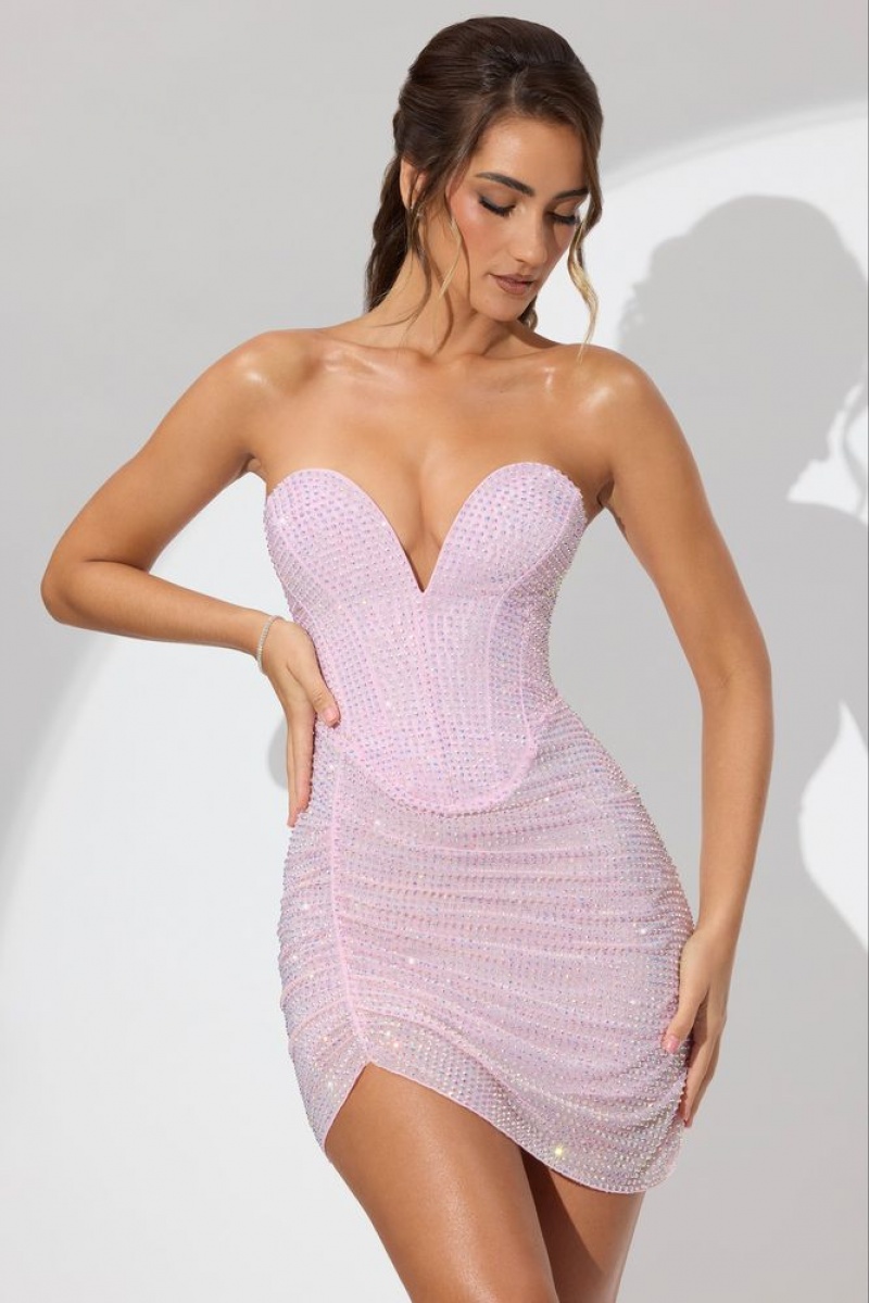 Oh Polly Xena Embellished Low Plunge Strapless Mini Dress Mini Dress Soft Pink | VKUQ-48297