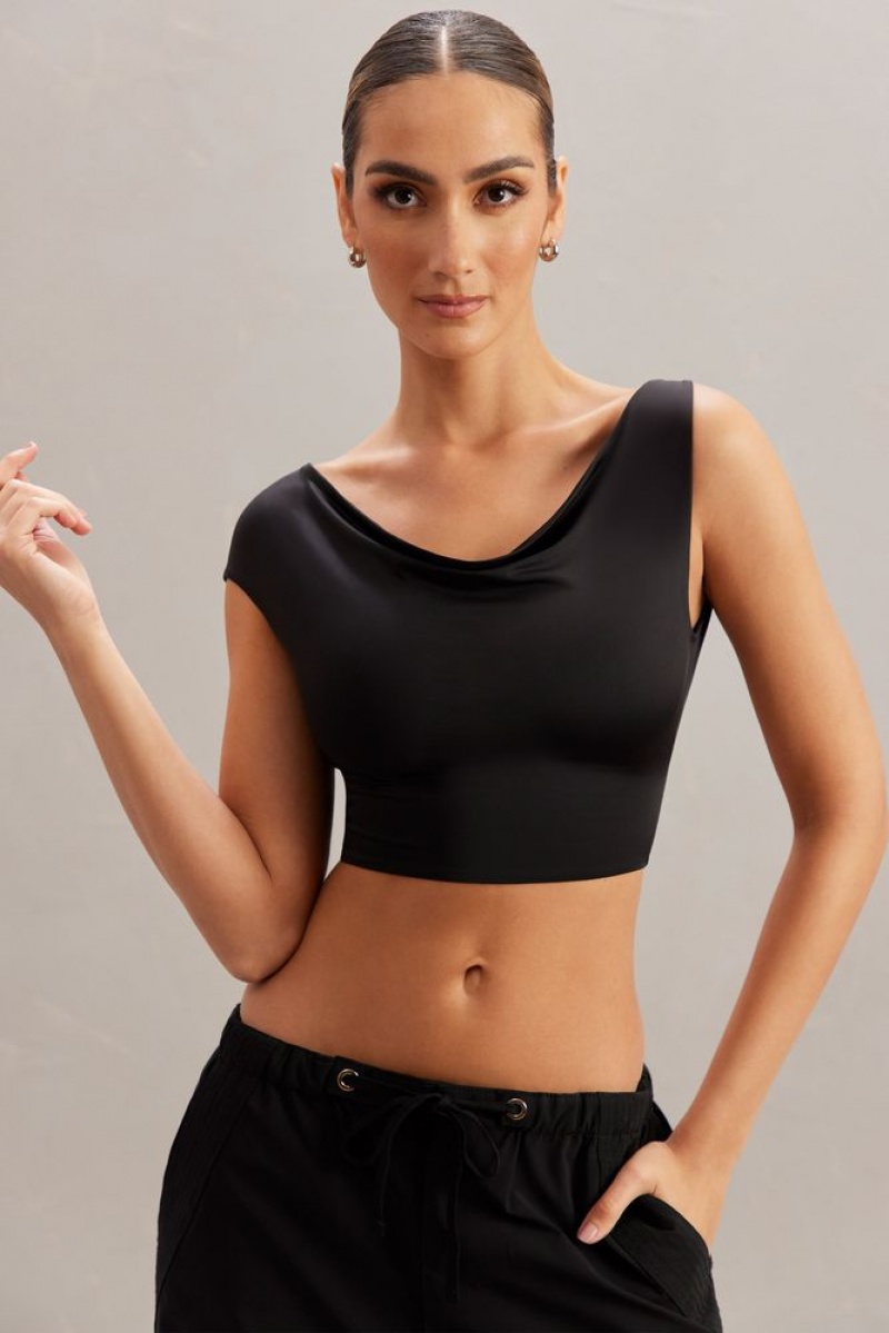 Oh Polly Yindi Cowl Neck Crop Top Womens Tops Black | TNJQ-01254