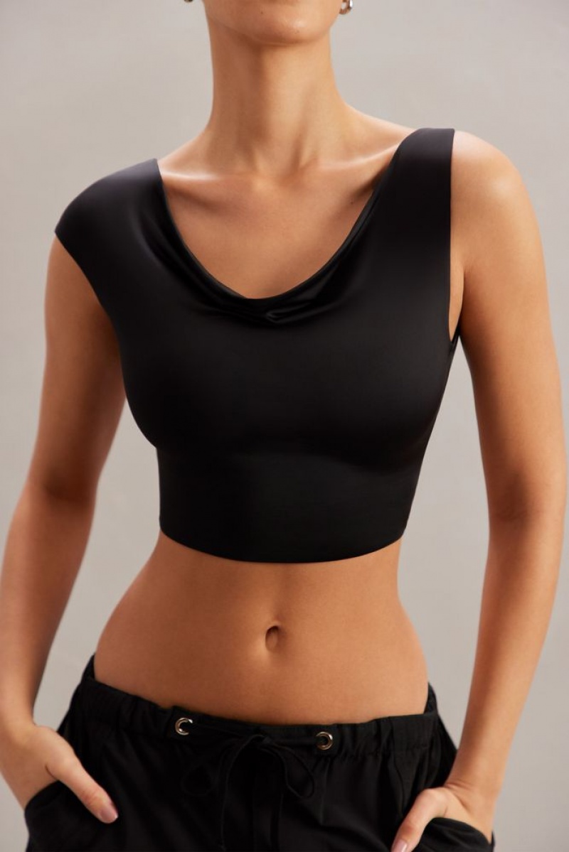 Oh Polly Yindi Cowl Neck Crop Top Womens Tops Black | TNJQ-01254