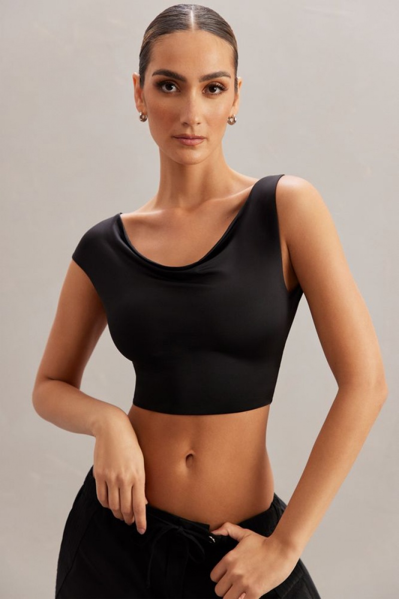 Oh Polly Yindi Cowl Neck Crop Top Womens Tops Black | TNJQ-01254