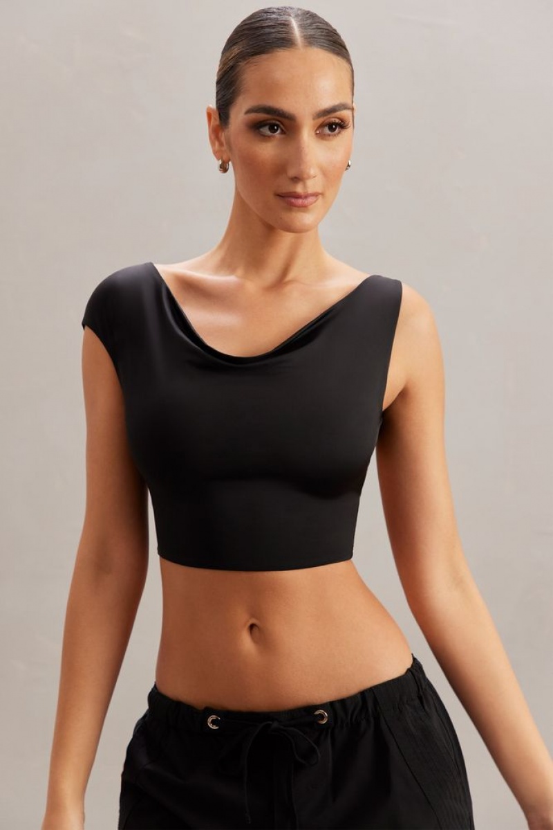 Oh Polly Yindi Cowl Neck Crop Top Womens Tops Black | TNJQ-01254