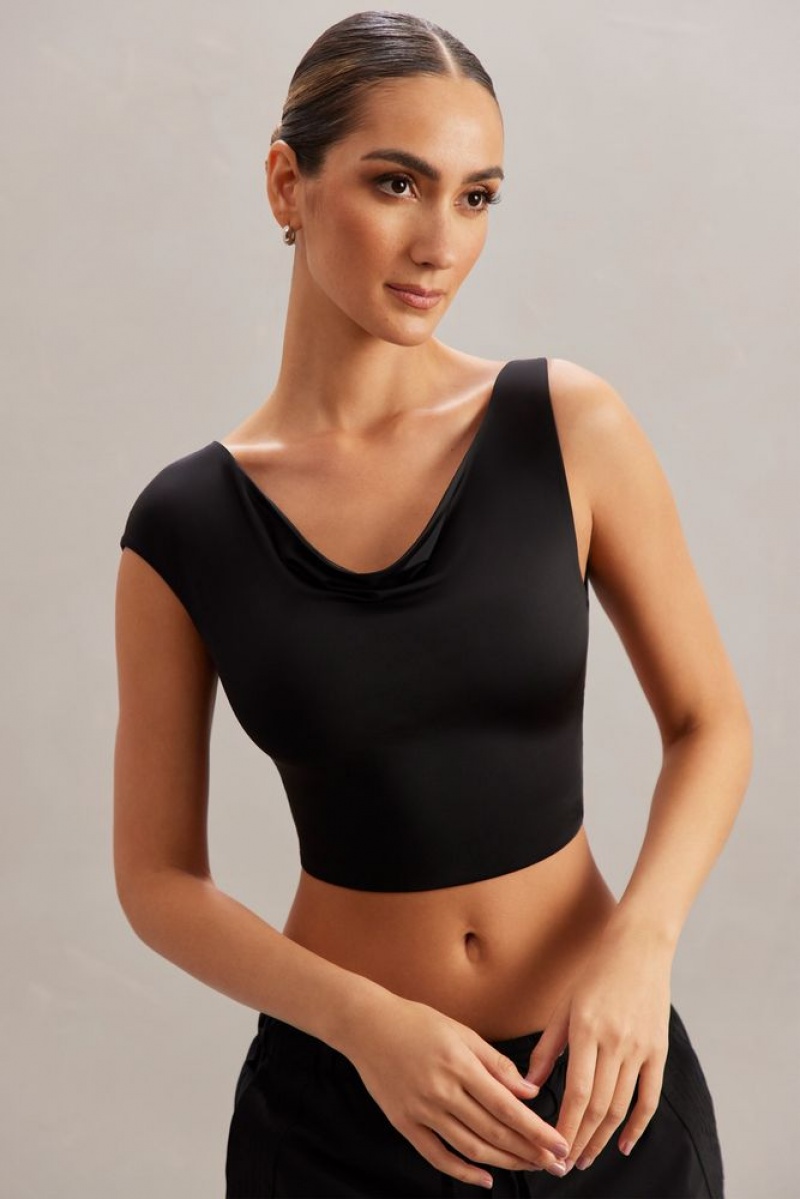 Oh Polly Yindi Cowl Neck Crop Top Womens Tops Black | TNJQ-01254