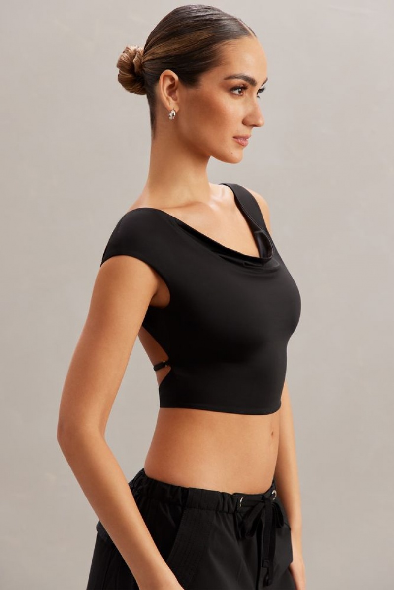 Oh Polly Yindi Cowl Neck Crop Top Womens Tops Black | TNJQ-01254