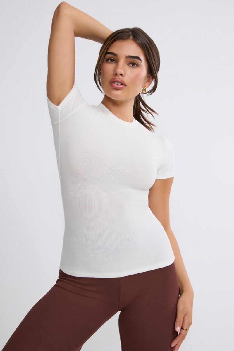 Oh Polly Zeina Ribbed Modal High Neck Top Womens Tops White | AKEM-73254