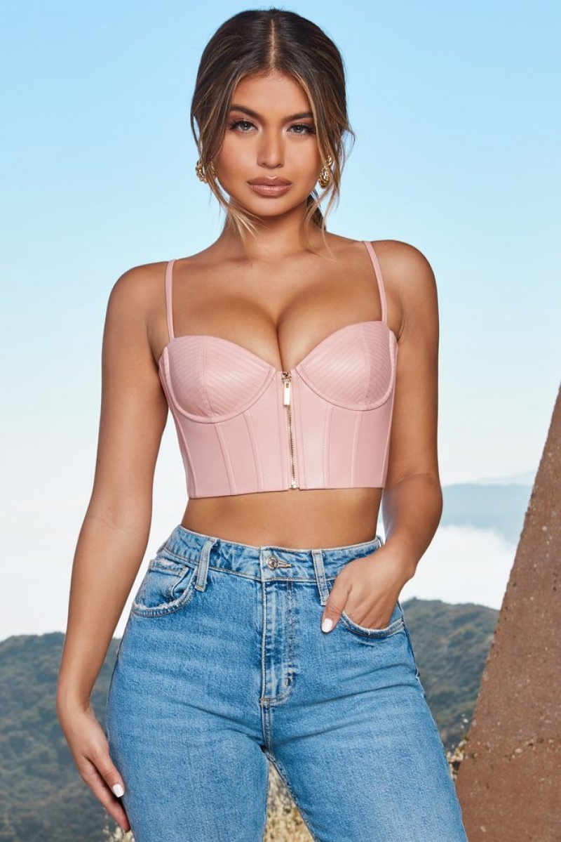 Oh Polly Zip Into Shape Faux Leather Underwired Bustier Crop Top Bo+Tee Tops Blush | VPOA-46328