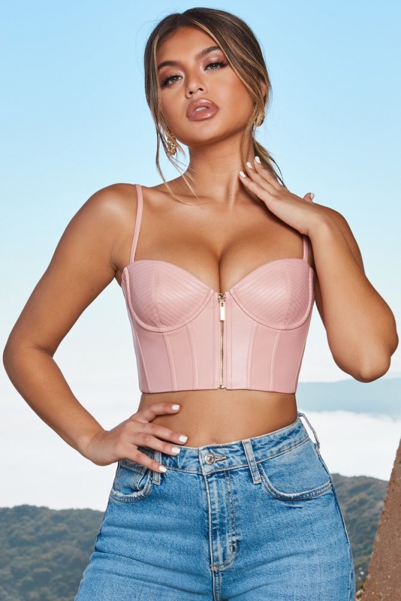 Oh Polly Zip Into Shape Faux Leather Underwired Bustier Crop Top Bo+Tee Tops Blush | VPOA-46328