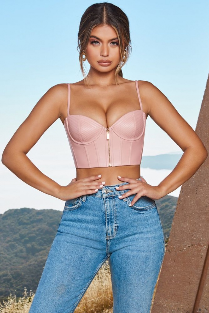 Oh Polly Zip Into Shape Faux Leather Underwired Bustier Crop Top Bo+Tee Tops Blush | VPOA-46328