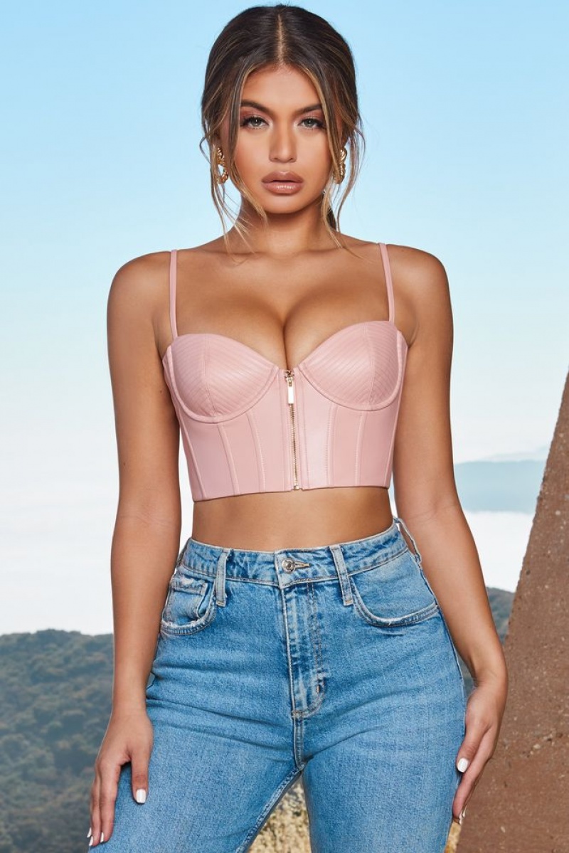 Oh Polly Zip Into Shape Faux Leather Underwired Bustier Crop Top Bo+Tee Tops Blush | VPOA-46328