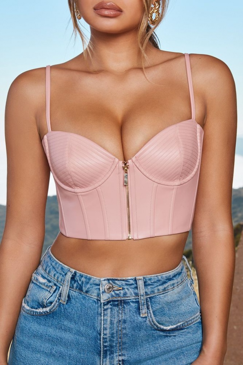 Oh Polly Zip Into Shape Faux Leather Underwired Bustier Crop Top Bo+Tee Tops Blush | VPOA-46328