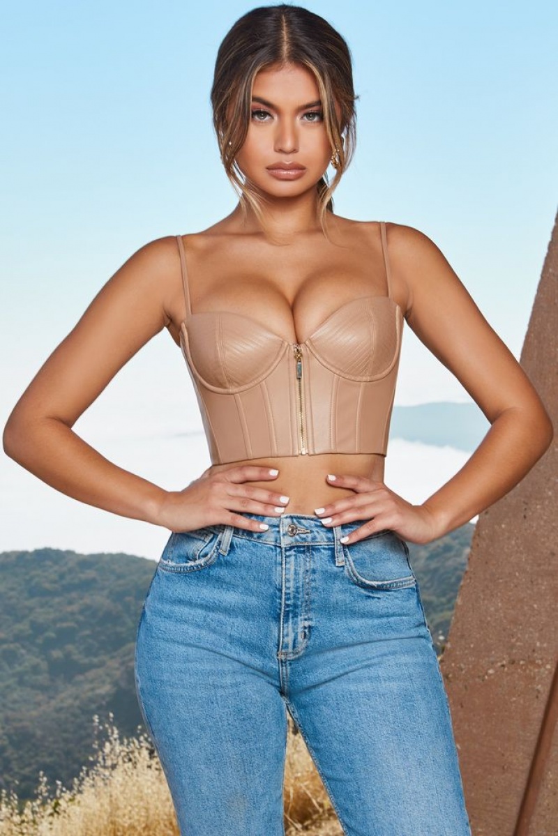 Oh Polly Zip Into Shape Faux Leather Underwired Bustier Crop Top Bo+Tee Tops Stone | NZUD-05986