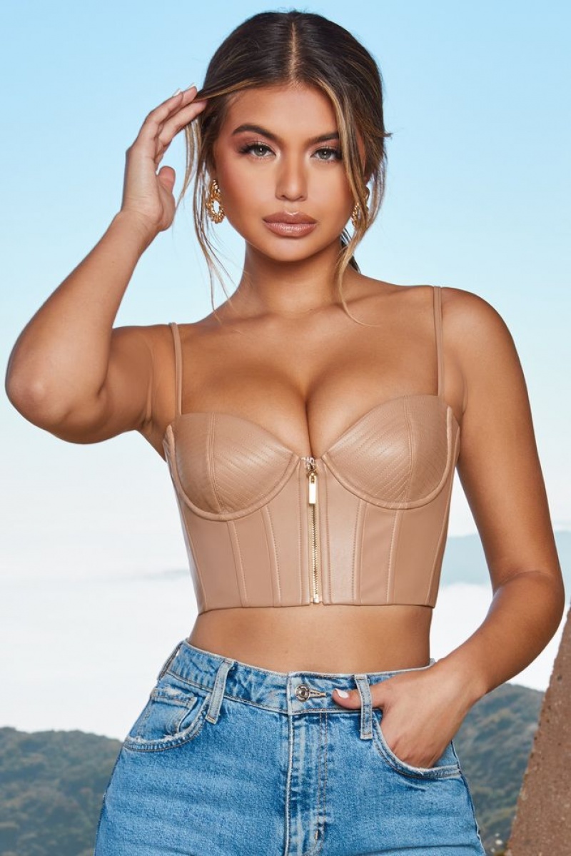 Oh Polly Zip Into Shape Faux Leather Underwired Bustier Crop Top Bo+Tee Tops Stone | NZUD-05986