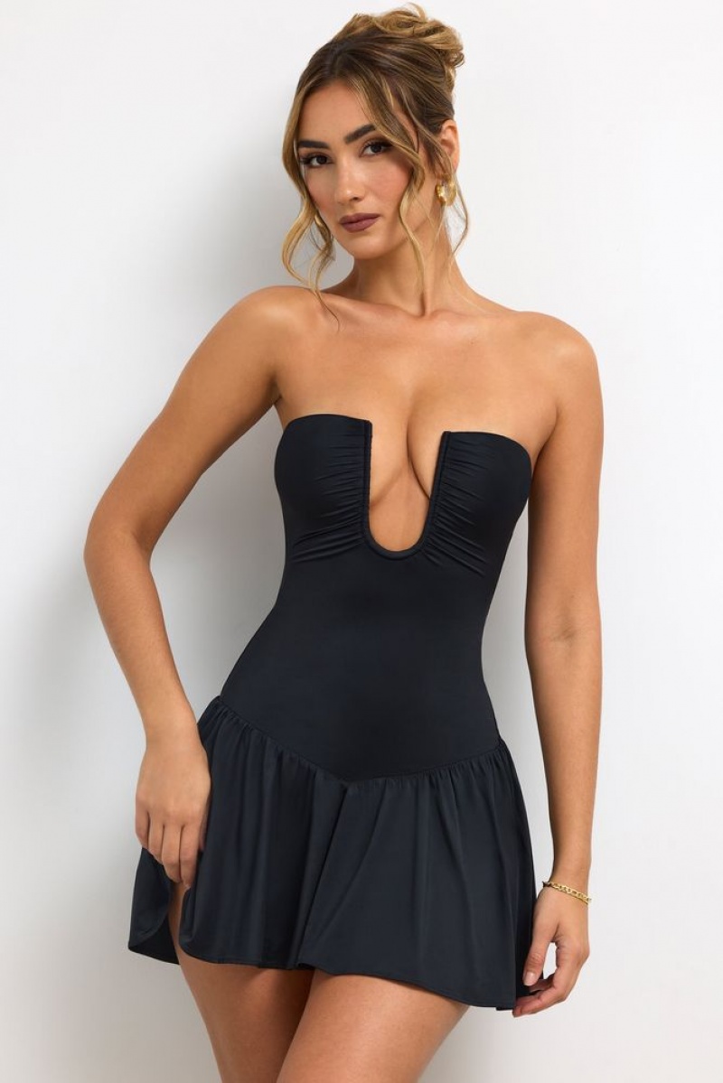 Oh Polly Zosia Slinky Jersey Strapless Plunge Neck Mini Dress Mini Dress Black | QWNH-91856