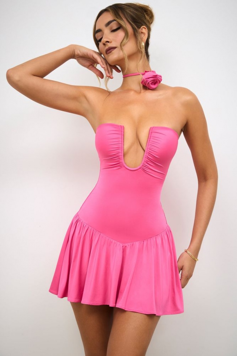 Oh Polly Zosia Slinky Jersey Strapless Plunge Neck Mini Dress Mini Dress Rose Pink | UTZJ-98574